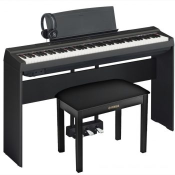 Yamaha P-125 digital piano bundle with wooden stand, headpgones, pedal attachment and piano stool