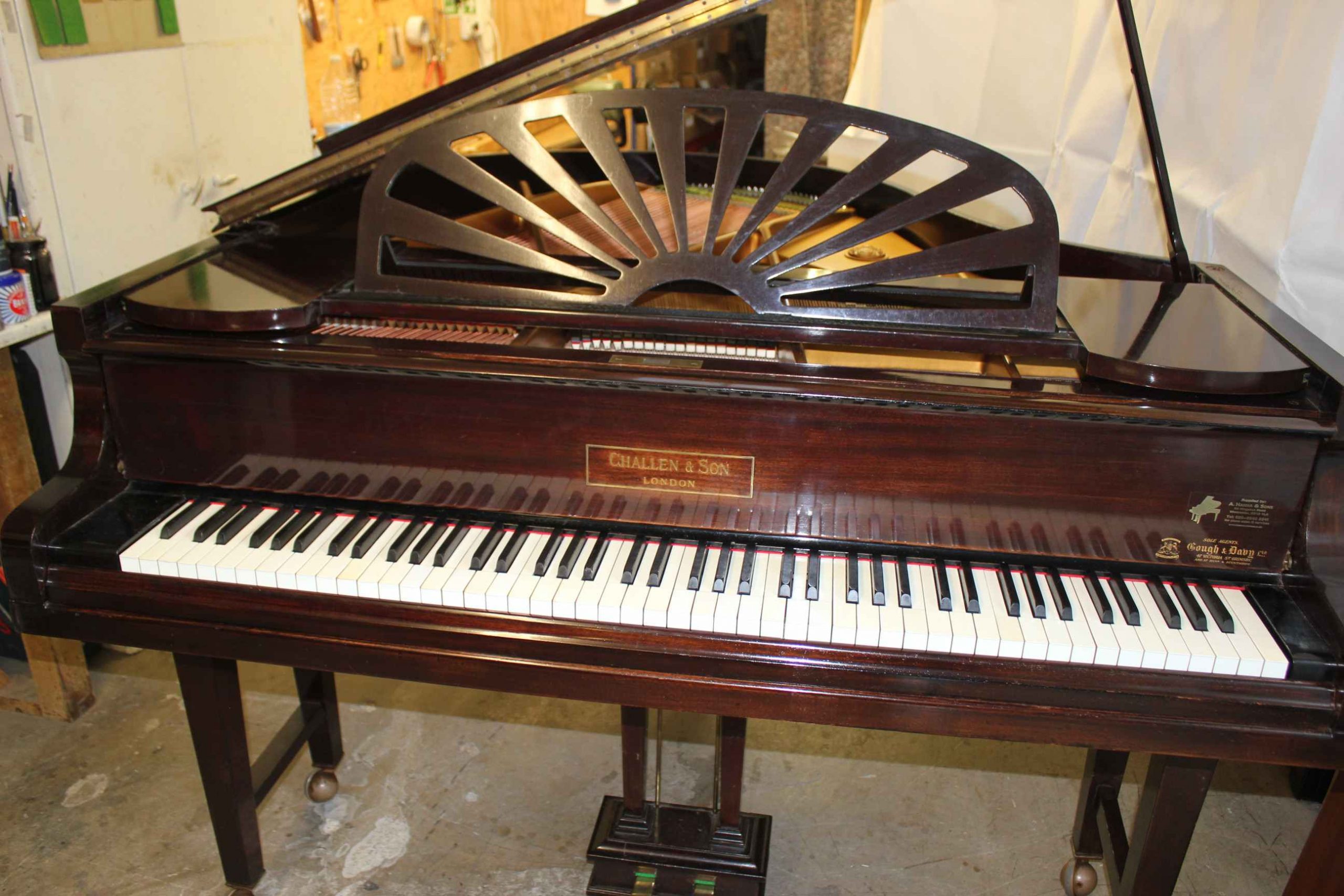 Challen antique baby grand piano front view music desk up