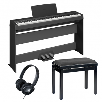 Yamaha P-145 Deluxe bundle including Yamaha L100 stand, Yamaha LP5A pedal, Stagg adjustable piano bench and Yamaha HPH-100 headphones
