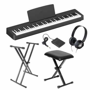 Yamaha P145 Digital Piano Economy Bundle showing the P145, stagg keyboard stand, Stagg keyboard bench, Yamaha HPH50 headphones and Yamaha footpedal
