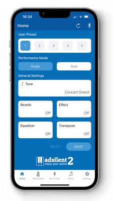 adsilent 2 piano system app on phone screen home
